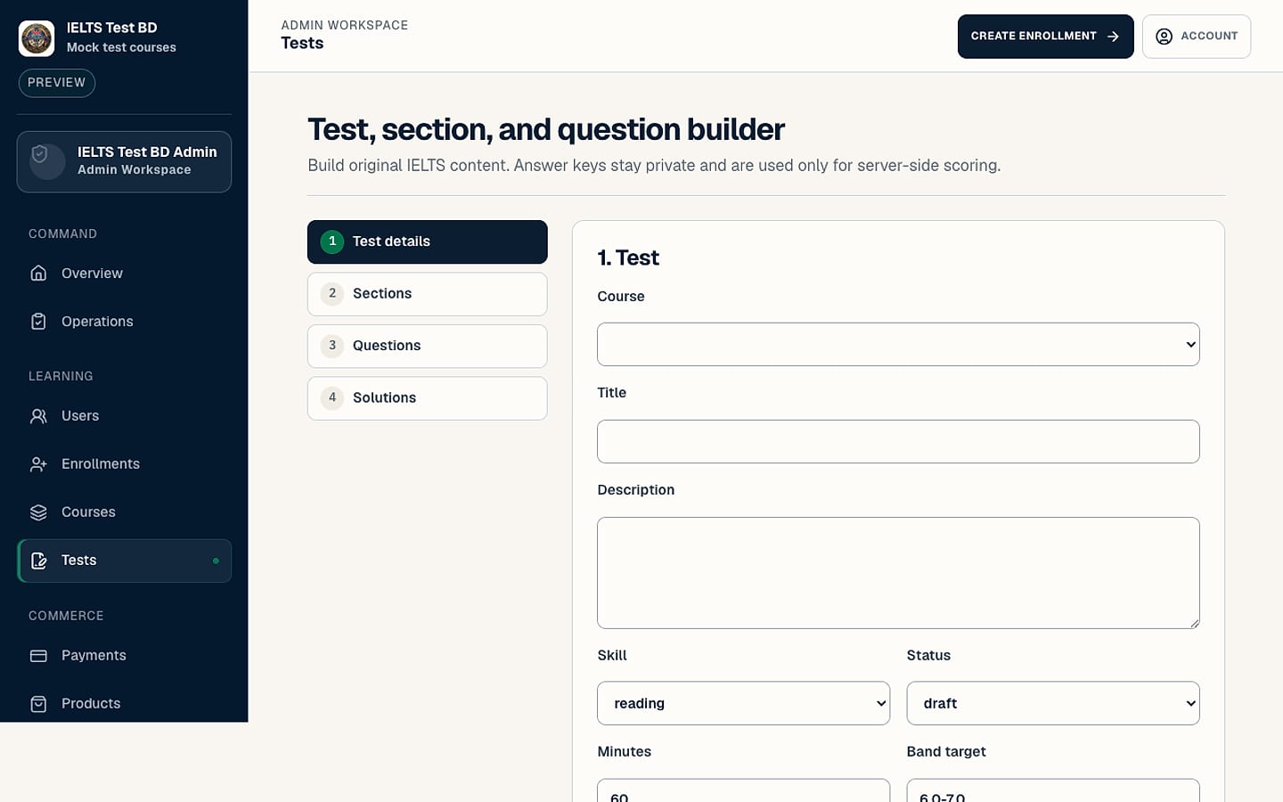 The test, section and question builder in the admin workspace