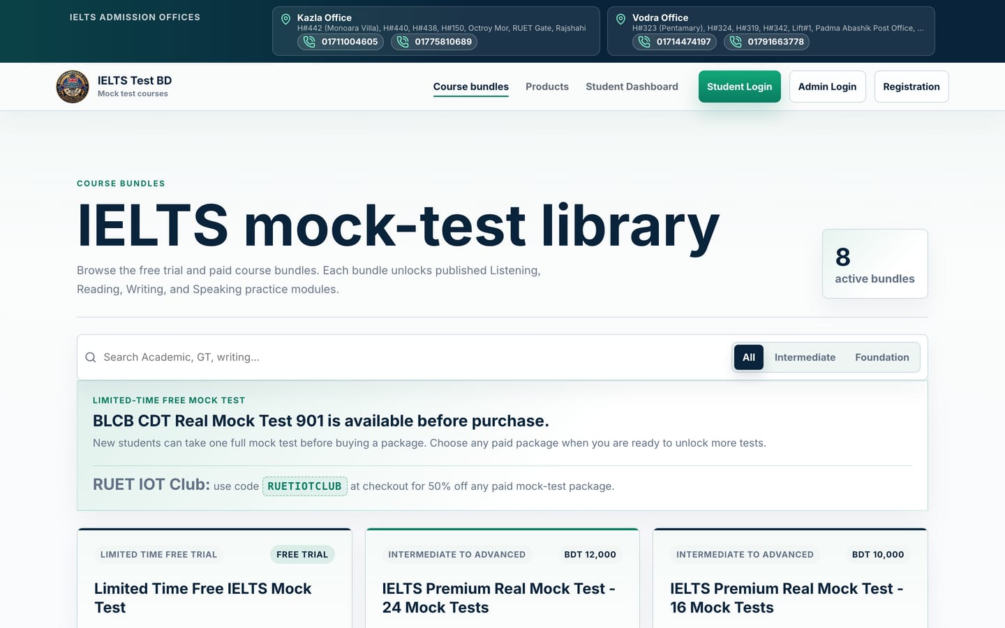 The IELTS mock-test library listing course bundles