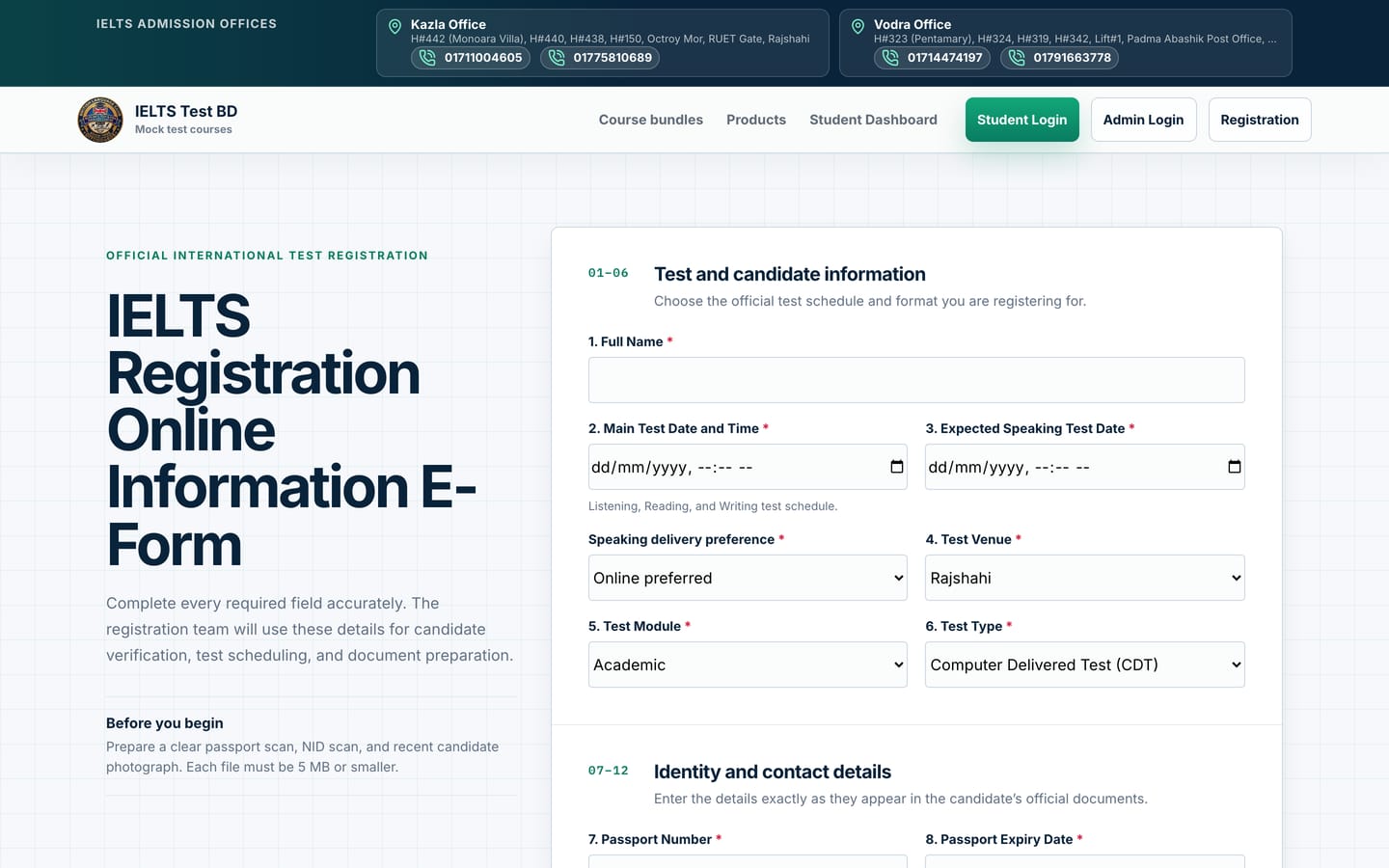 The official IELTS registration information form
