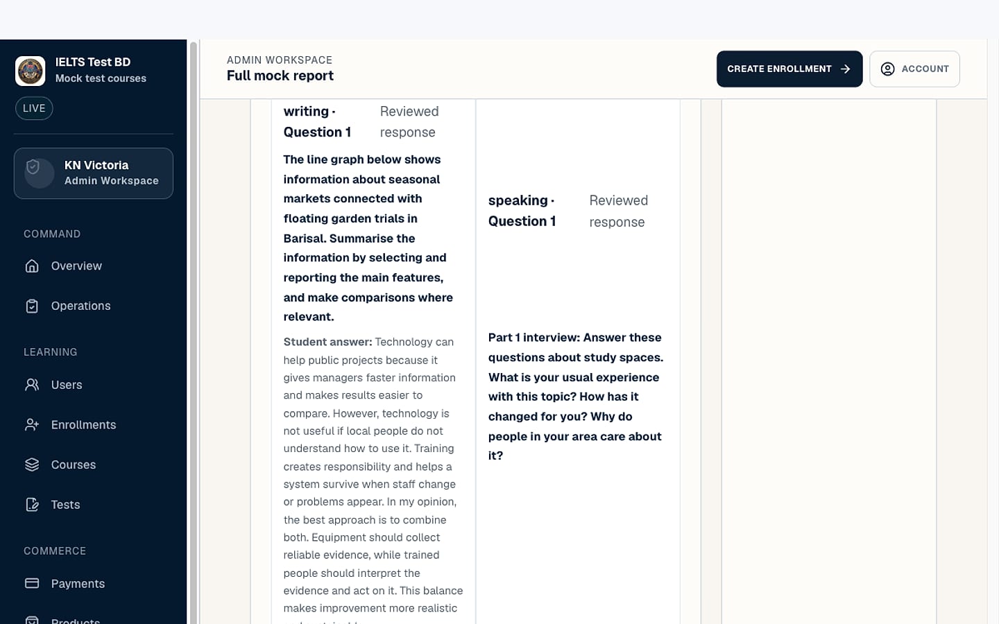 A unified full mock report showing writing and speaking responses side by side