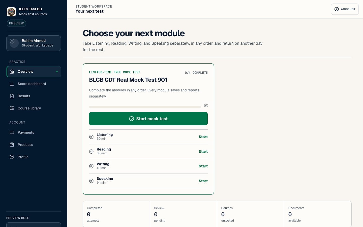 The student dashboard showing the next module to take