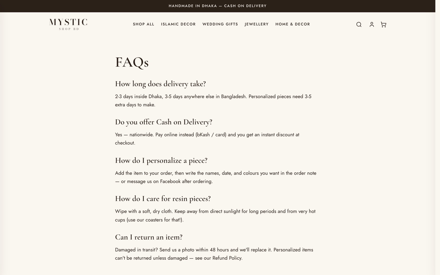The FAQ page answering delivery and payment questions