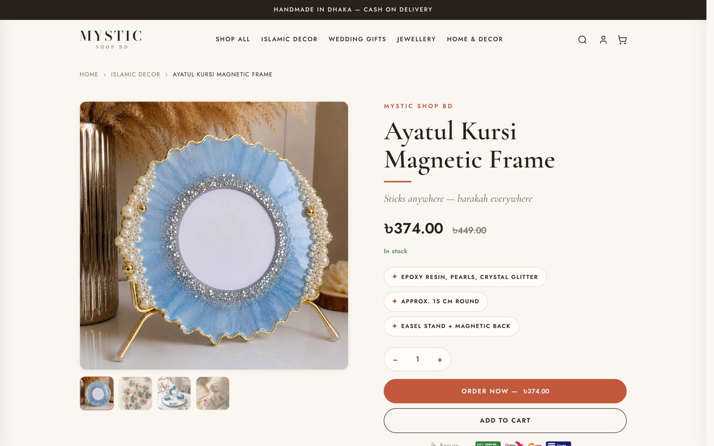 A Mystic Shop BD product page for a magnetic frame with its taka price, an Order now button and payment badges