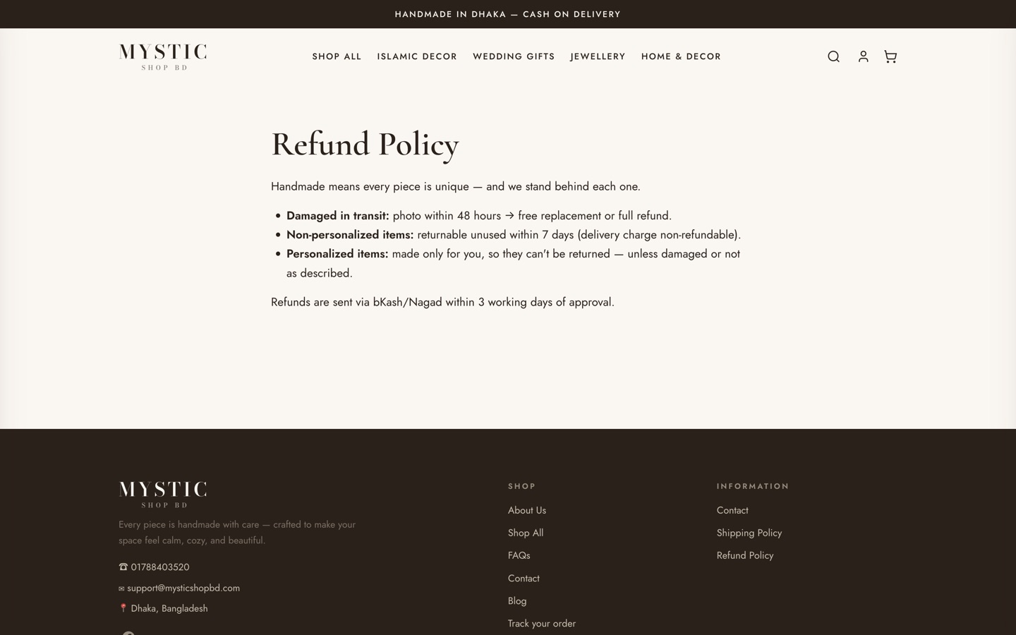 The Mystic Shop BD refund policy page that explains how buyers get their money back