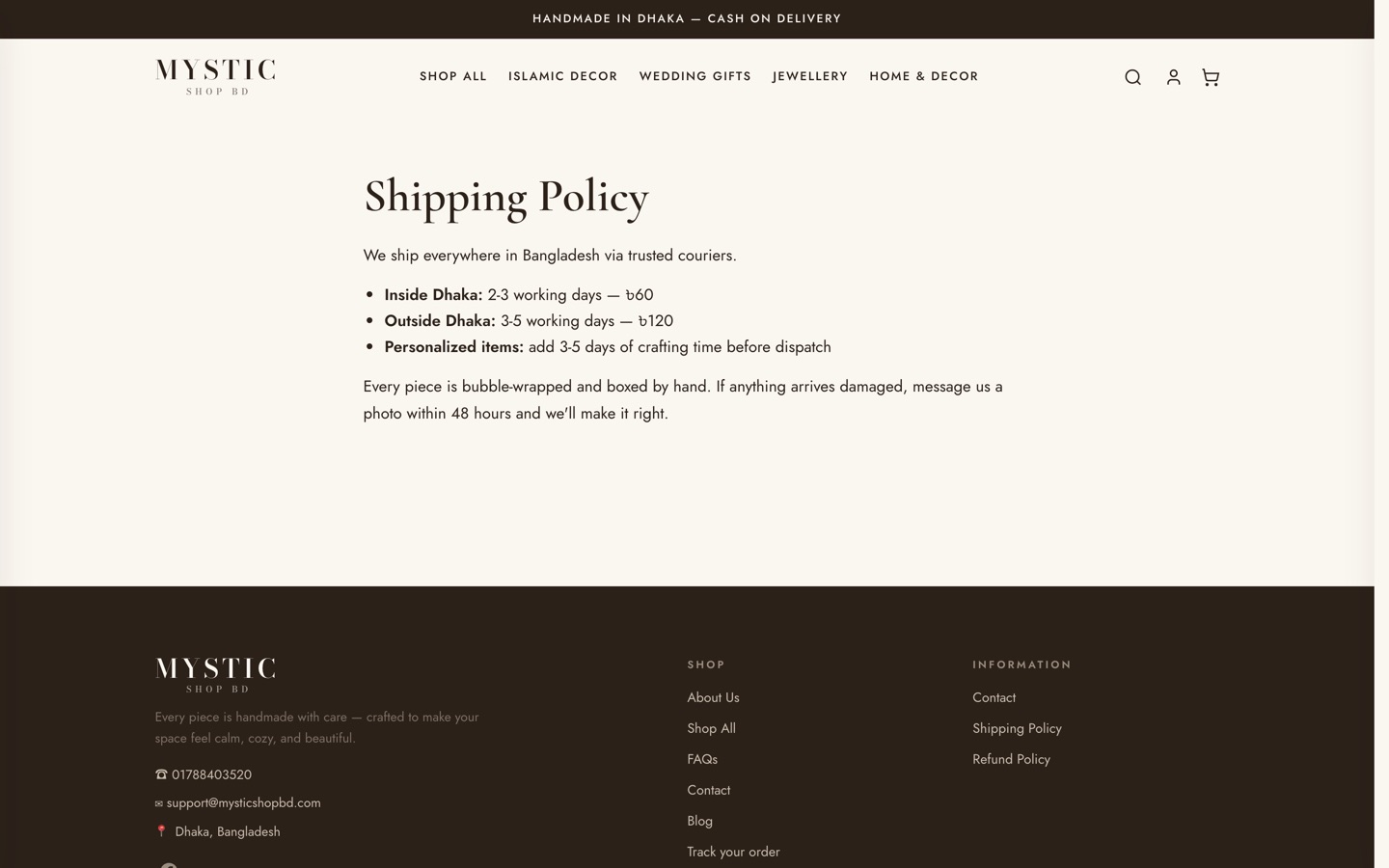 The shipping policy page with delivery zones