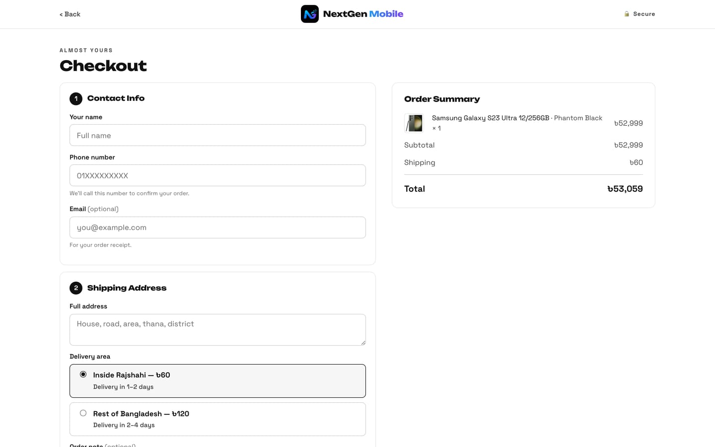 The NextGen Mobile cash-on-delivery checkout with contact, address and delivery zone fields