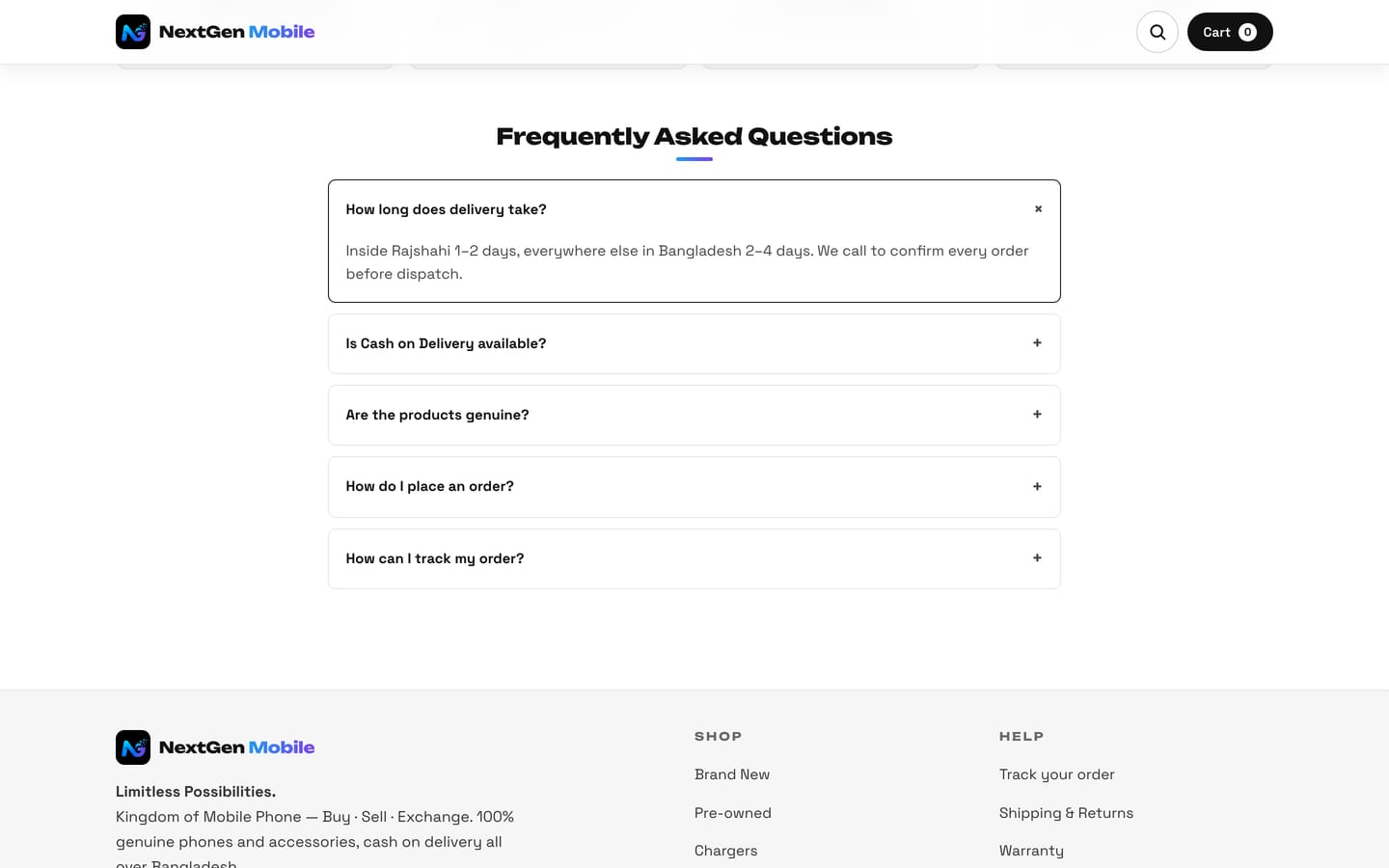 The homepage FAQ accordion covering delivery, payment and authenticity