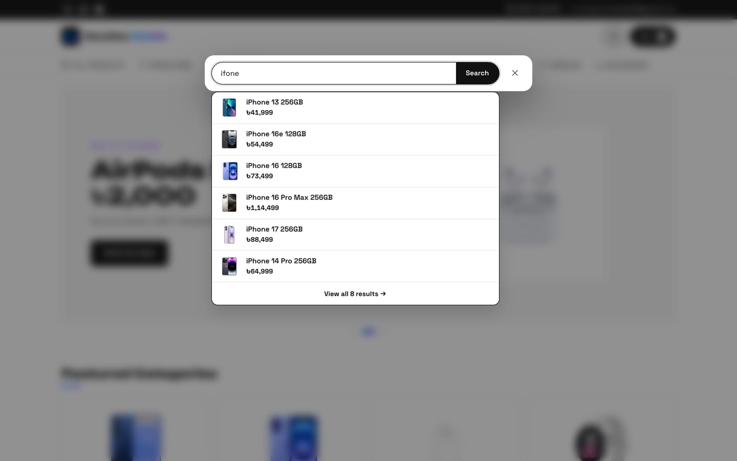 The search overlay showing iPhone results for the misspelling ifone