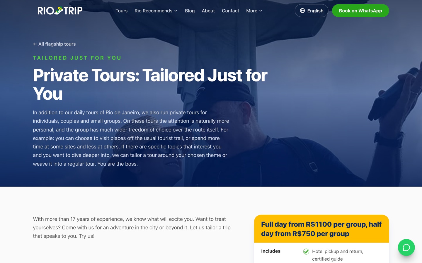 The private tours page with group pricing
