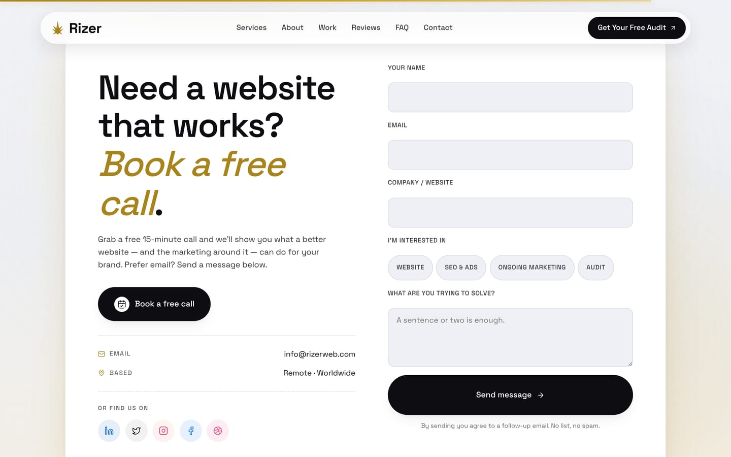 The booking section with a call option and a message form