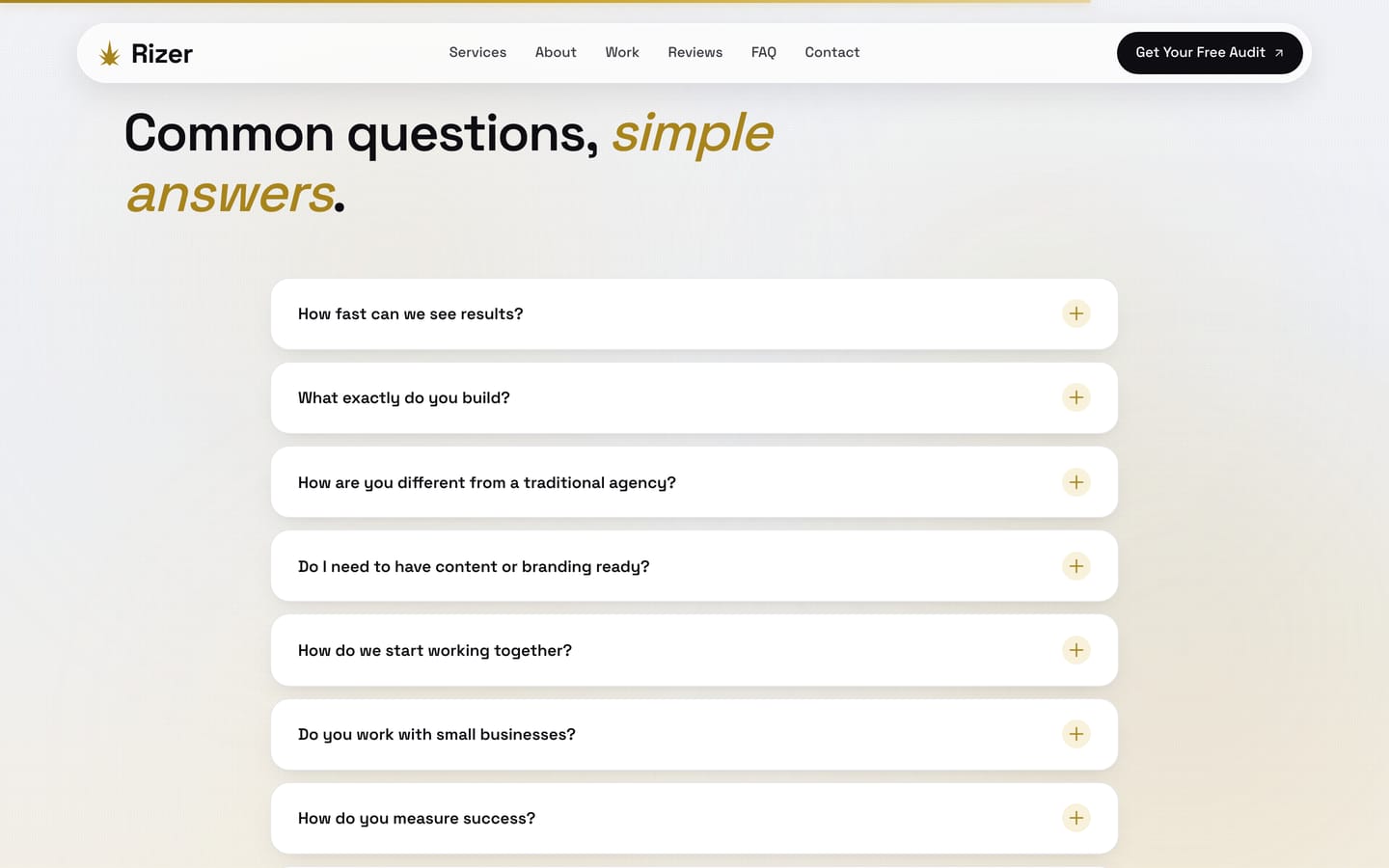 The FAQ accordion answering common objections