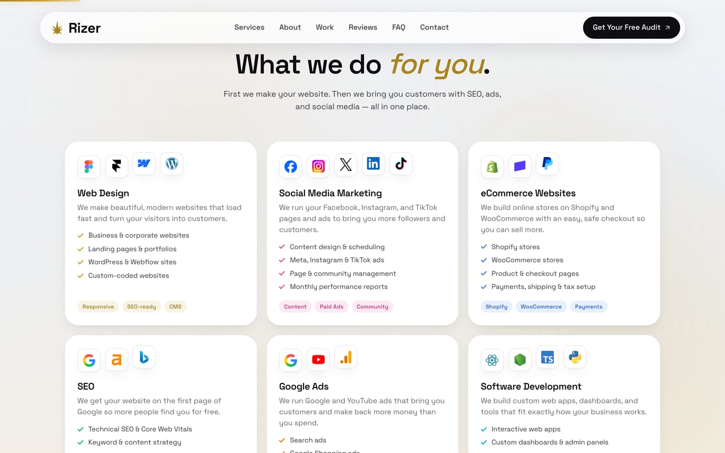 The services grid covering web design, social, ecommerce, SEO, ads and software