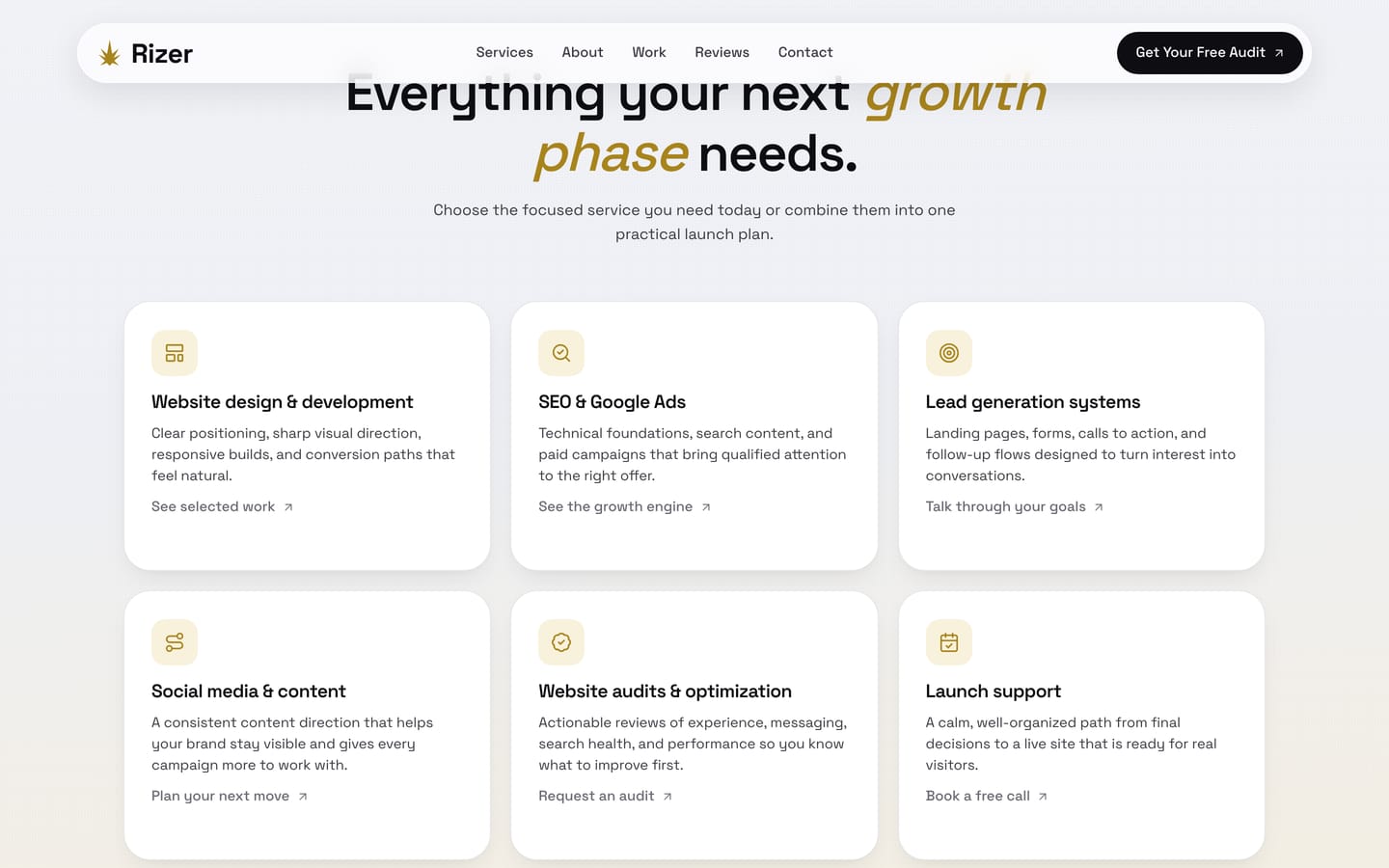 The services page detailing each offering