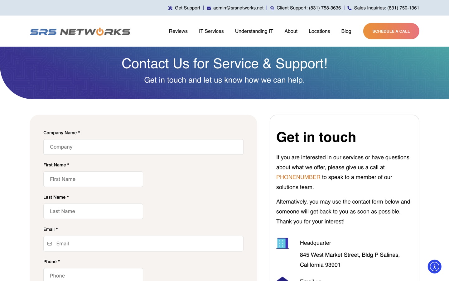 The SRS Networks contact page with an enquiry form and office details