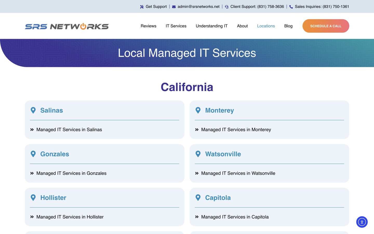 The local service areas page listing ten California cities