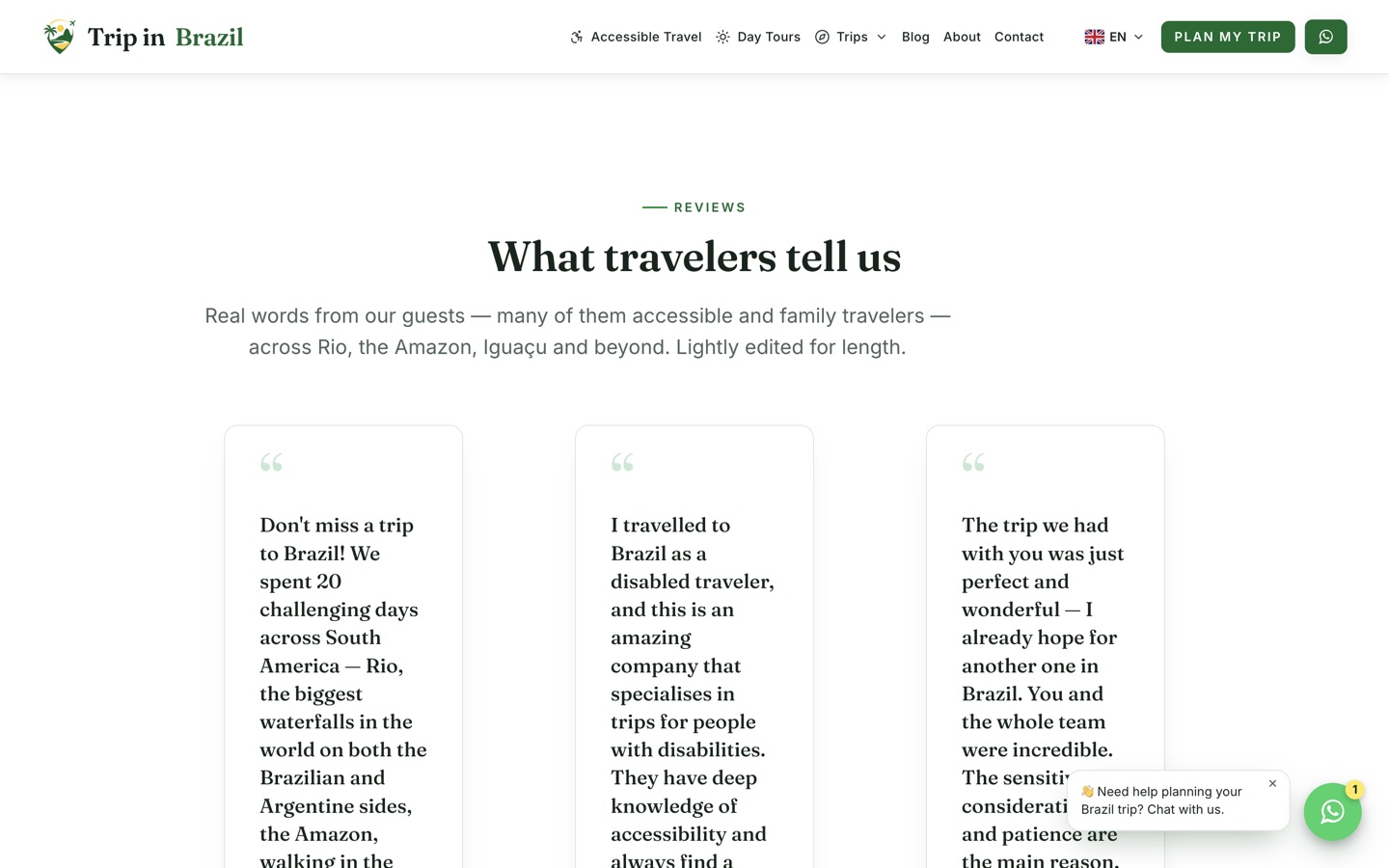 The traveler reviews page