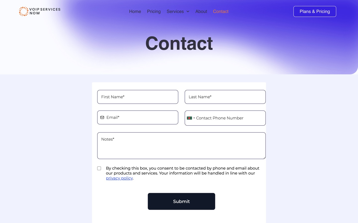 The VoIP Services Now contact page with its enquiry form