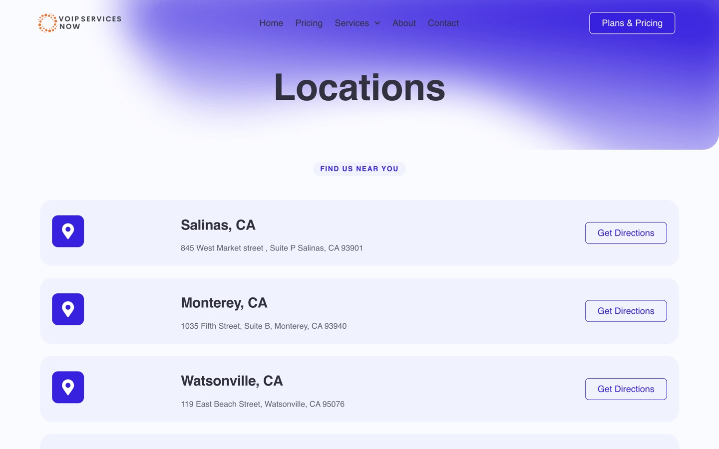 The VoIP Services Now locations hub listing its California service areas