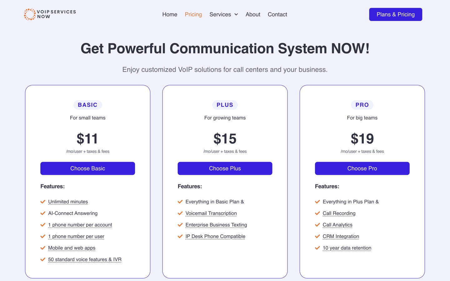 The pricing page showing three plan tiers